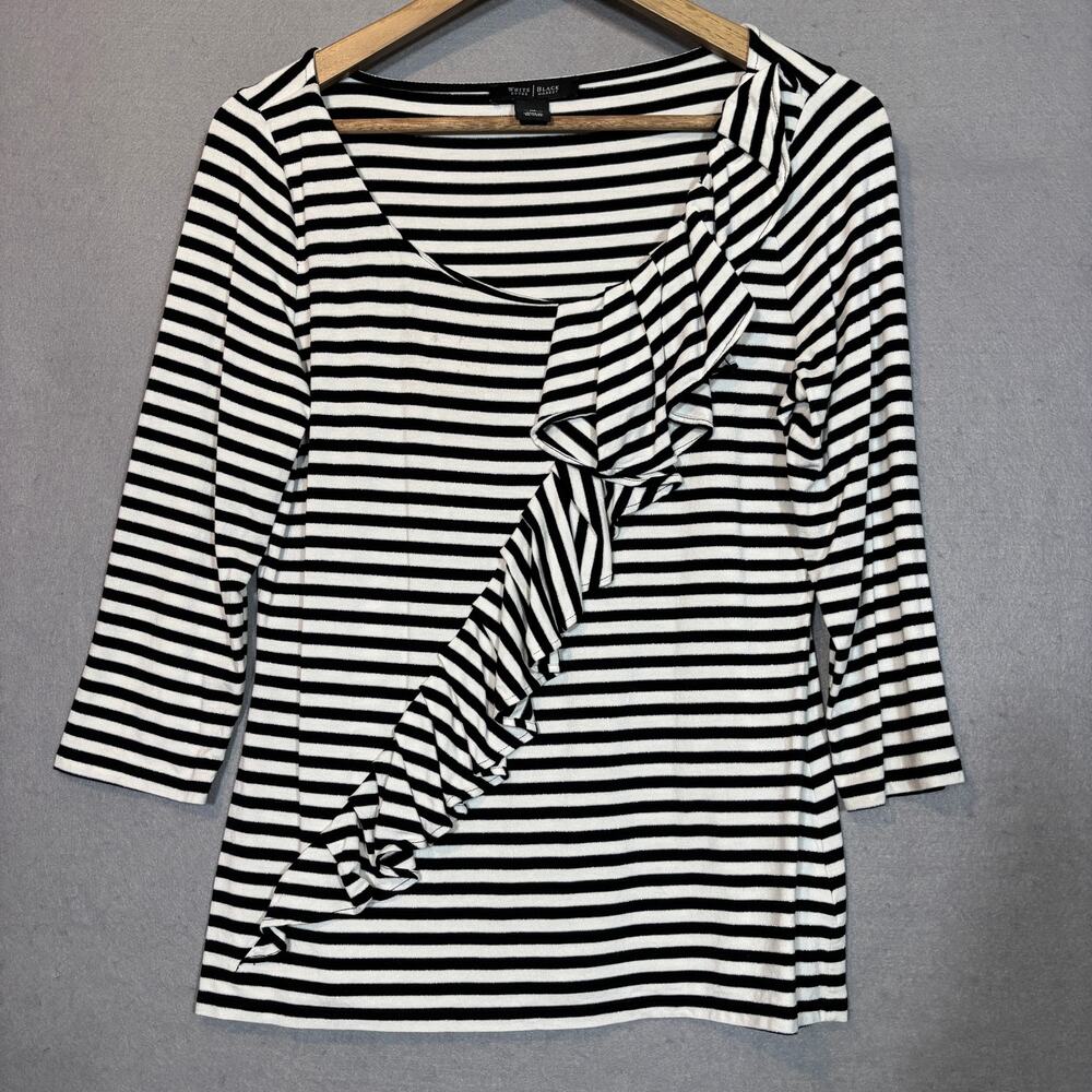 White House Black Market‎ Stripe Ruffle Top Womens M Black White Monochrome